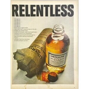 Listerine Antiseptic Mouthwash "Relentless: Kills Germs" Vintage Print Ad 1967
